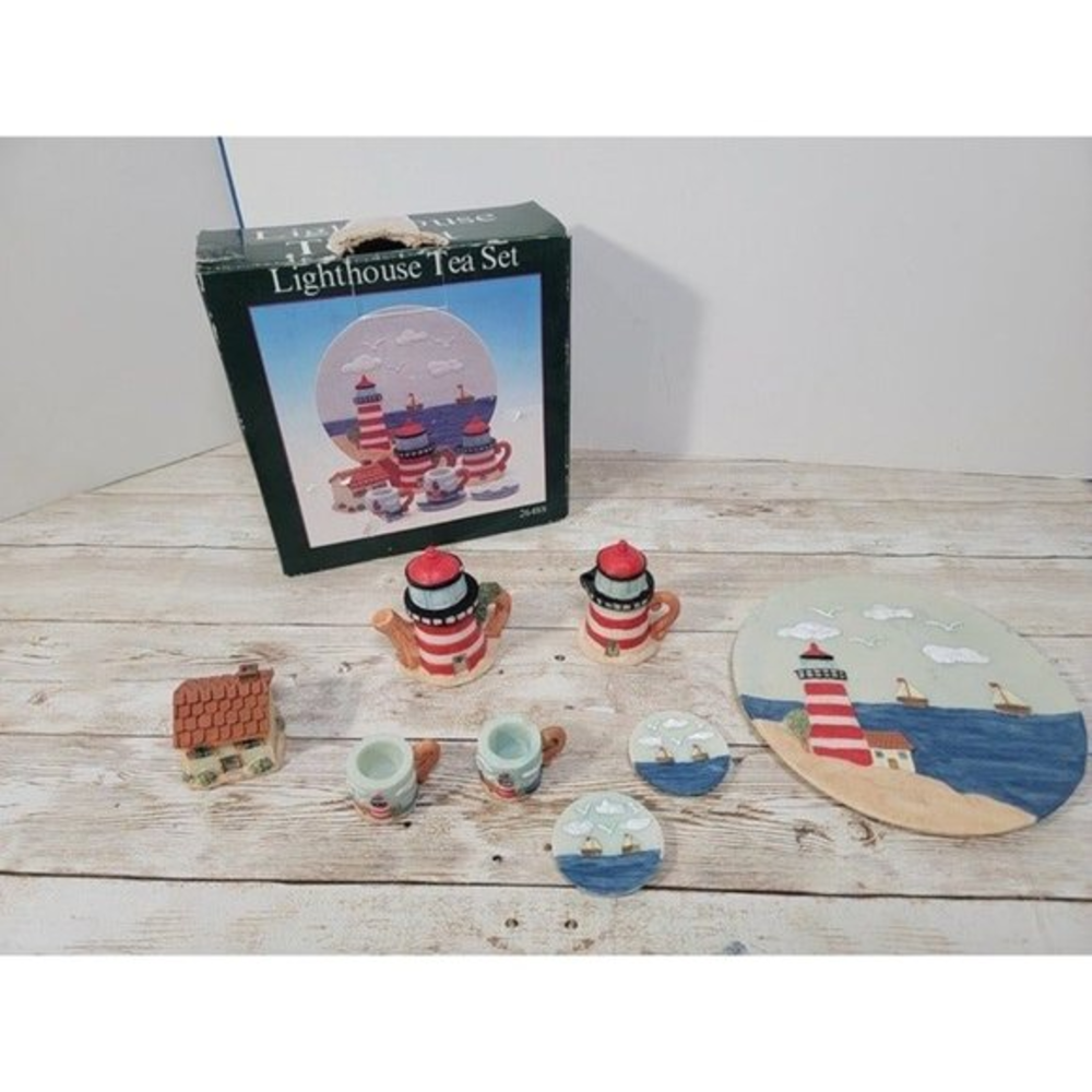Vintage 1994 Youngs 10 piece Miniature Resin Tea Set - Lighthouse
